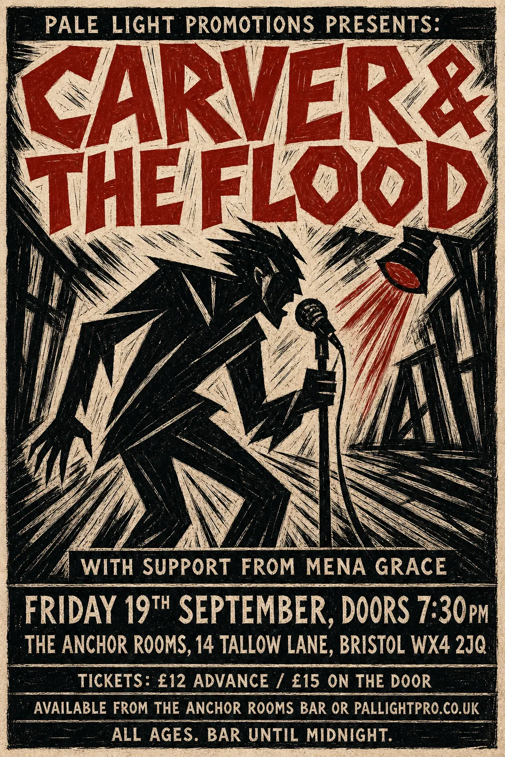 Expressionist Woodcut gig poster, original bitmap