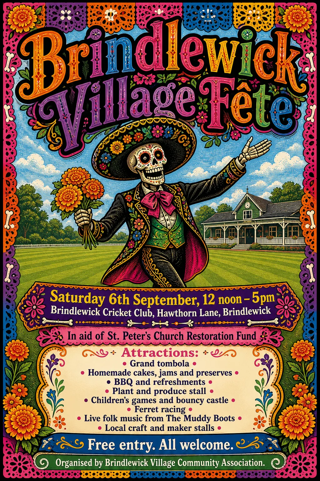 Mexican Calavera — the style chose the subject; the event supplied the words and the cricket ground