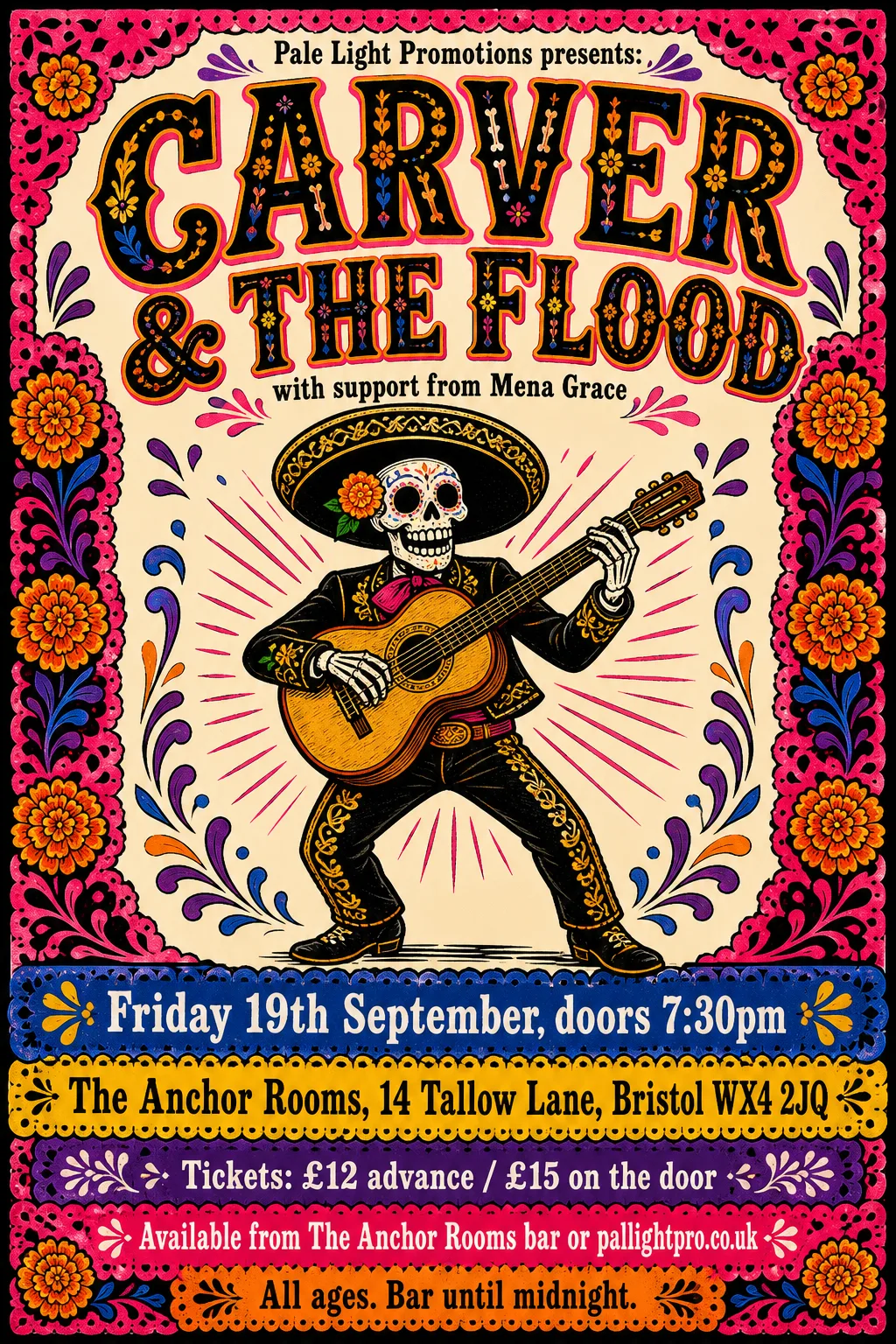 Mexican Calavera / Posada gig poster, original bitmap