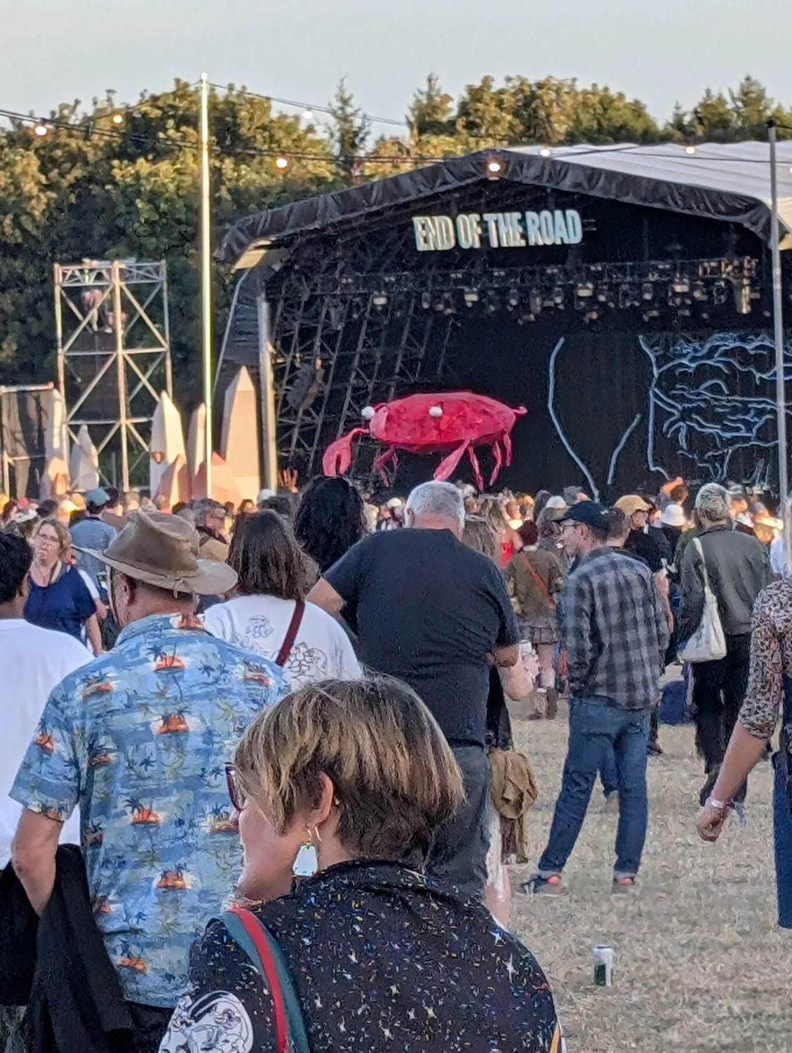 The crab apparently hovering over the Woods stage crowd, thanks to long lens foreshortening